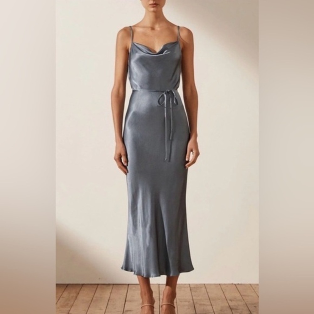 NWT Shona Joy La Lune Bias Cowl Midi Slip Satin Dress in Blue Smoke size 6